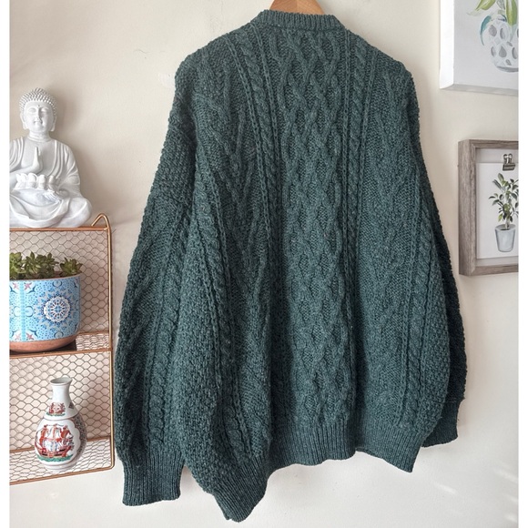 Vintage UK Aran Cable Knit Fisherman Wool Grandpa Cardigan Forest Green Size XXL - Picture 8 of 10